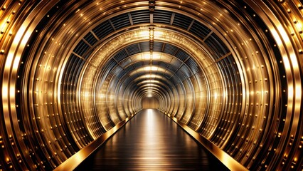 Futuristic tunnel made of gold with a shimmering metallic sheen , gold, futuristic, tunnel, shine, metallic, sparkling