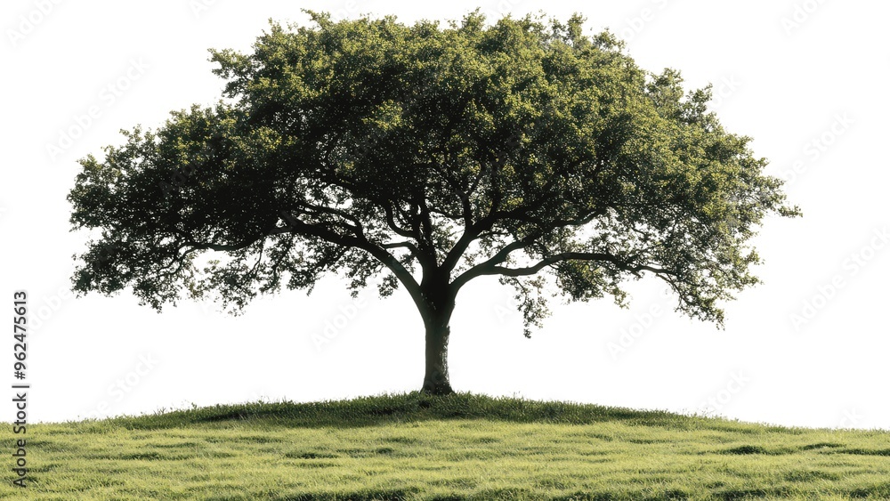 Poster a large tree stands alone in a grassy field