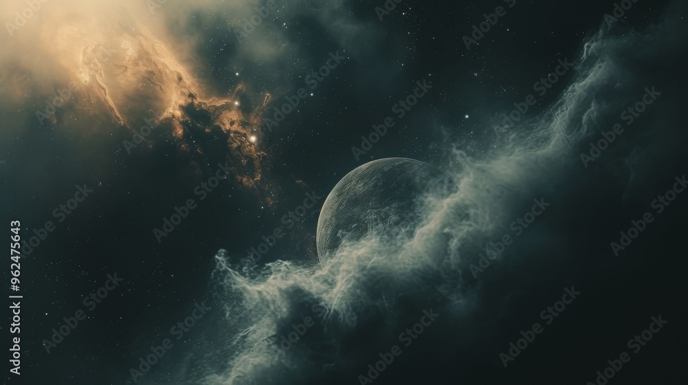 Poster a planet partially obscured by cosmic clouds emerges into view, surrounded by a backdrop of stars an