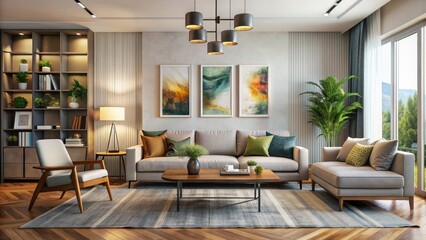 Modern living room interior with stylish artwork, decorative items, and comfortable furniture , modern, home, interior