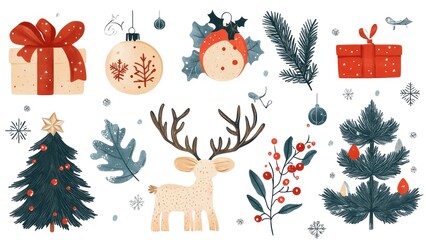 A collection of Christmas decorations including a tree, reindeer, and a gift