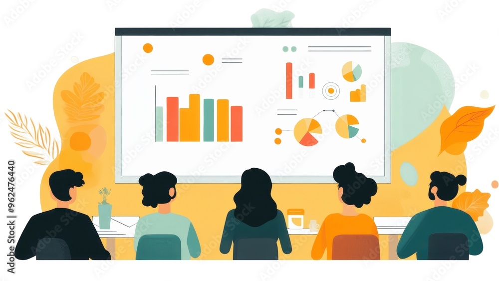 Aufkleber A group of people are sitting in front of a large screen with graphs and charts