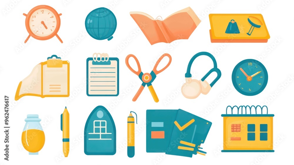 Aufkleber a collection of various items such as a clock, scissors, and a book