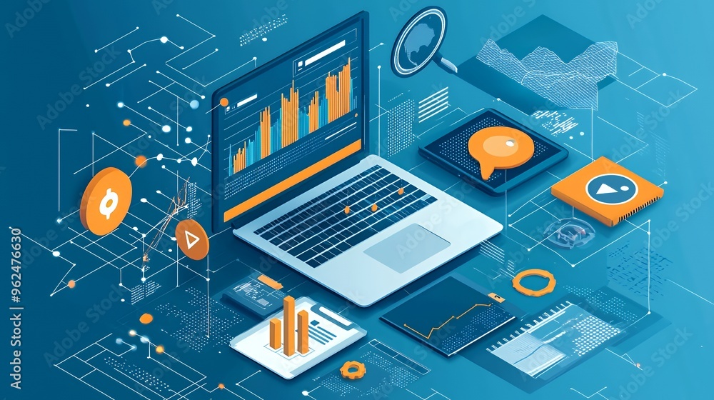 Aufkleber a laptop with a blue screen showing charts and graphs, surrounded by digital icons and lines, repres