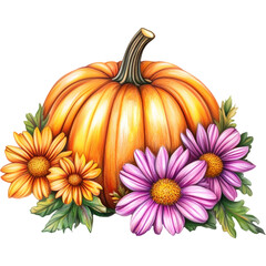 Autumn pumpkins, flowers, leaves. Watercolor Fall season design for decorative greeting cards, tumblers, mugs, t-shirts or posters in the autumn festival