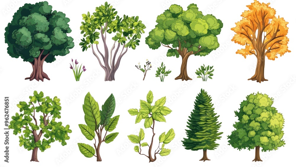 Poster a collection of trees, including a pine tree, a maple tree, and a birch tree