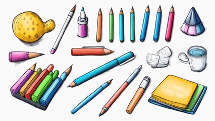 Naklejka premium A collection of colorful pens, pencils, and other stationery items