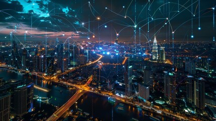 Digital landscape photography of Asia, global network connectivity, cyber technology, data transfer, business exchange, information and telecommunications.