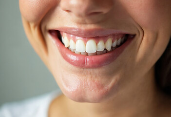 Close-up of a woman's radiant smile, showcasing clean, gleaming teeth and beautifully shaped lips against a white background.







