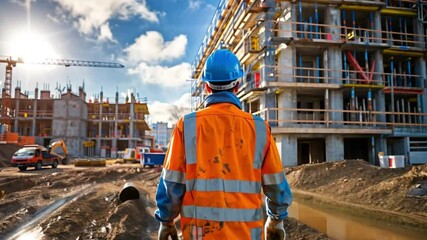 a construction worker wearing an orange high-visibility jacket and safety helmet footage