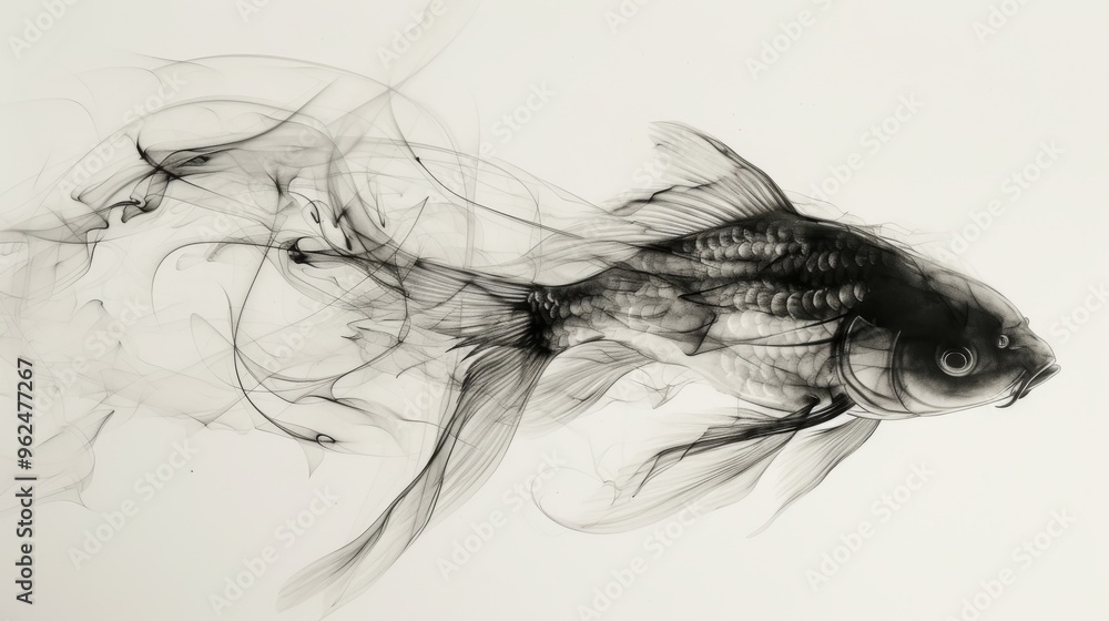 Poster a graceful and elegant fish depicted through the artful use of smoke, creating a delicate and ethere