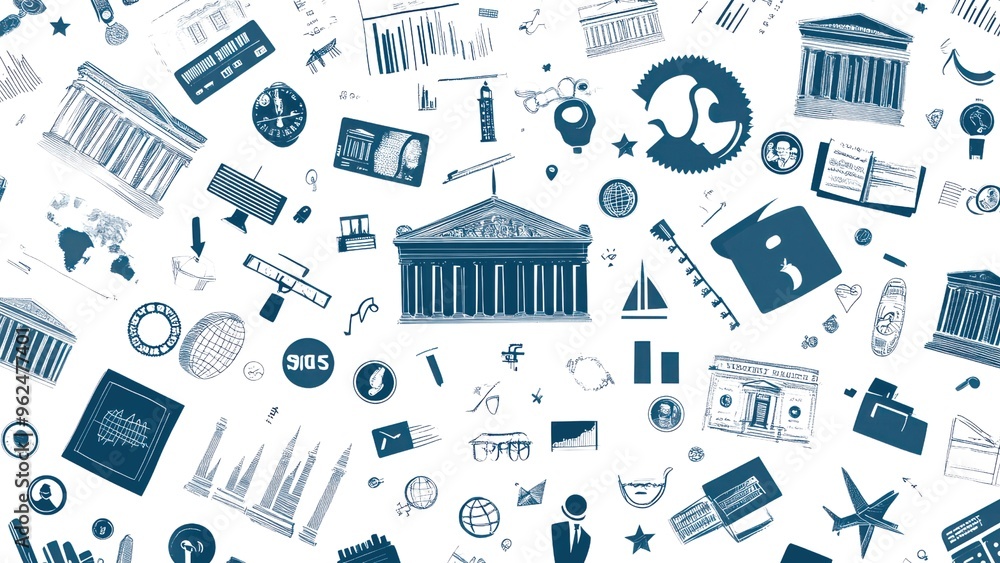 Poster a blue background with many different icons and symbols