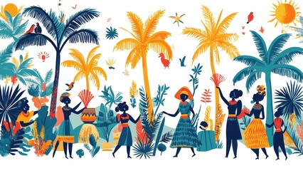 A colorful drawing of people in a tropical forest