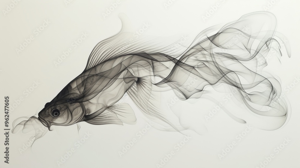 Poster an artistic depiction of a fish rendered in black and white smoke, showcasing the delicate lines and