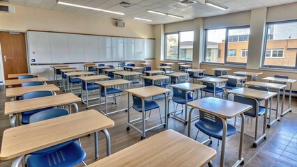 Empty classroom with rows of desks and chairs set up for a lesson, education, school, learning, teaching, classroom