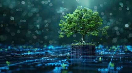 A green tree growing on a digital grid, representing nature merging with technology.