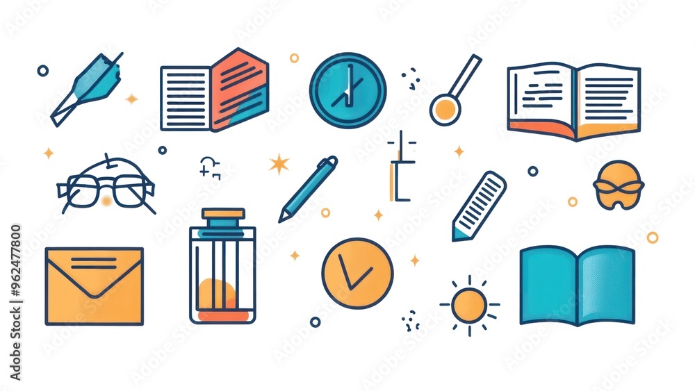 Poster a collection of various objects and symbols, including a book, a pen, a clock