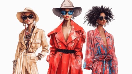Obraz premium Three women wearing red coats and hats stand in front of a white background