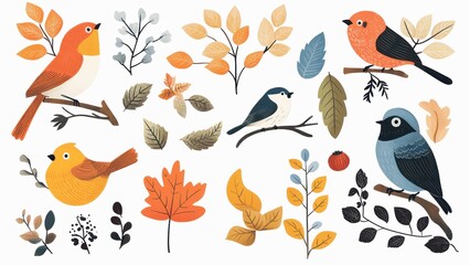 Naklejka premium A collection of birds and leaves with a fall theme