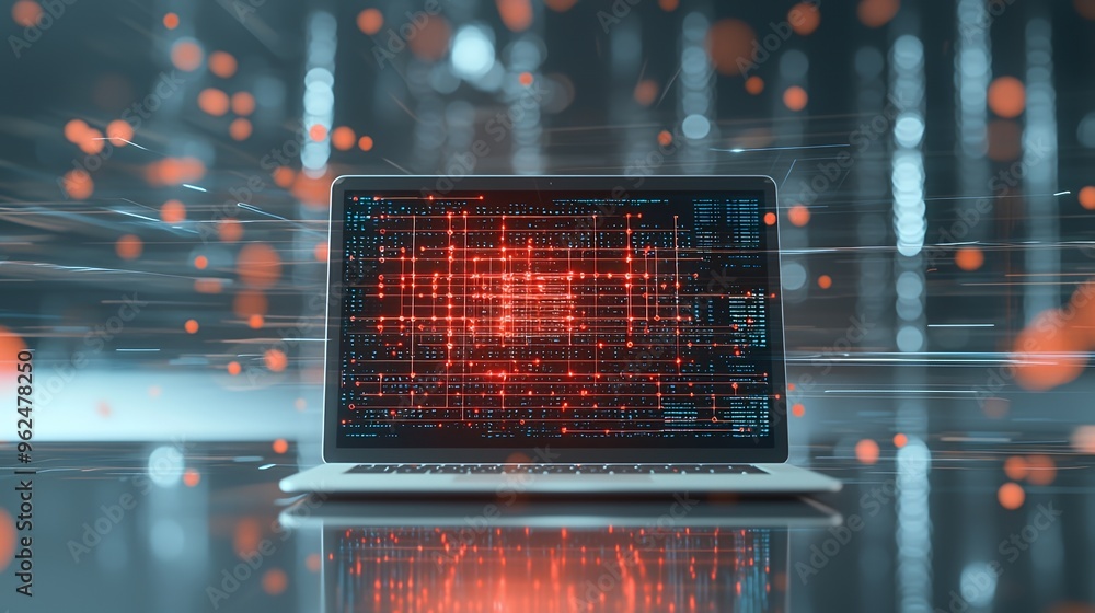 Poster open laptop on a reflective surface with a grid of red lights and blue code on the screen, surrounde