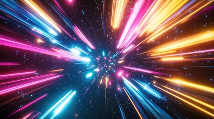 Obraz premium Neon light rays bursting like stars in a galaxy explosion, dynamic lines in blue, pink, yellow, and purple on a black universe background