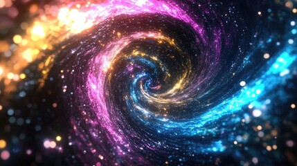 Spiral galaxy explosion of neon light rays, dynamic blue, pink, yellow, and purple colors glowing against a black universe background