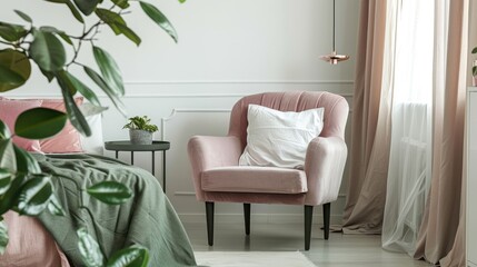 White pillow on pink armchair in comfortable bedroom setting with green bedding