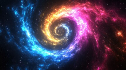 Obraz premium Spiral neon light rays in blue, pink, yellow, and purple, bursting through the galaxy with dynamic energy on a black universe background