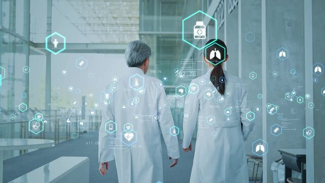 Mixed media of researchers walking and talking, medical technology concept