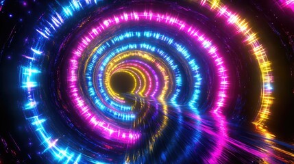 Spiral of neon lights in blue, pink, yellow, and purple, mimicking the speed of light in a galaxy explosion against a black backdrop
