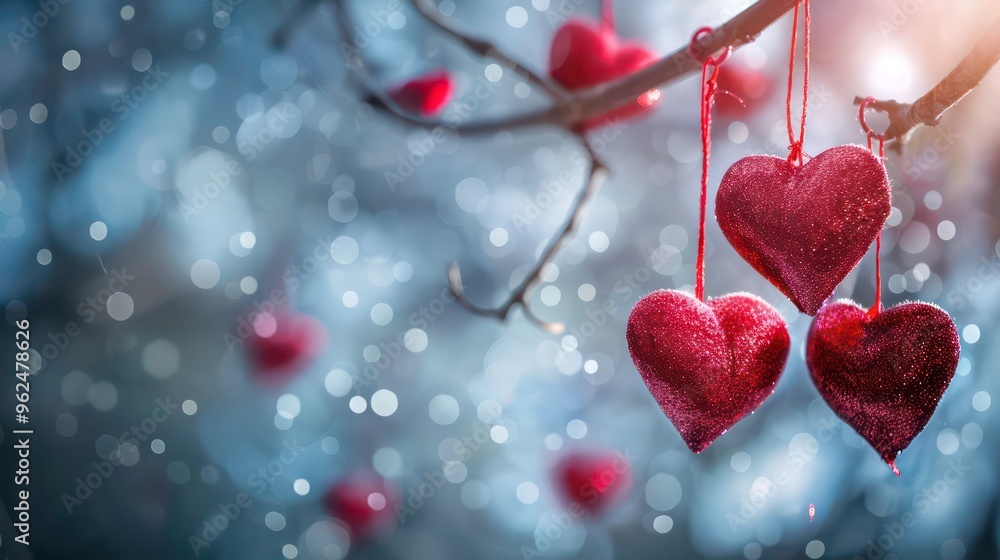Poster three red heart-shaped ornaments hanging from a tree branch with a blurred background of bokeh light