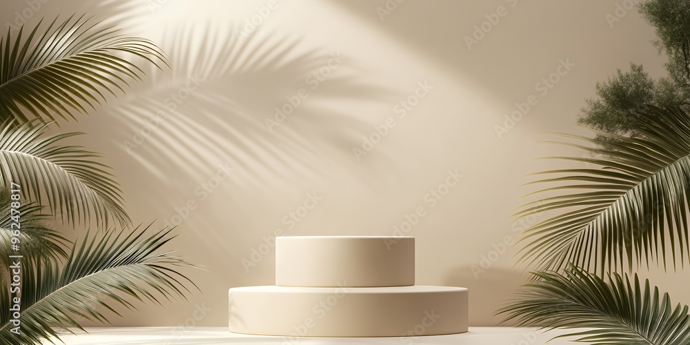 Poster beige backdrop with a two tiered round podium in the middle and palm leaves on each side.