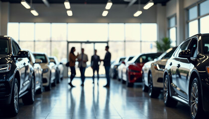 Fototapeta premium A customer representative showcases new cars to clients in a sleek and modern dealership showroom.