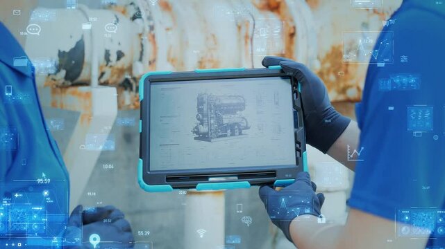 Mixed media of worker inspecting pipes and digital technology concept