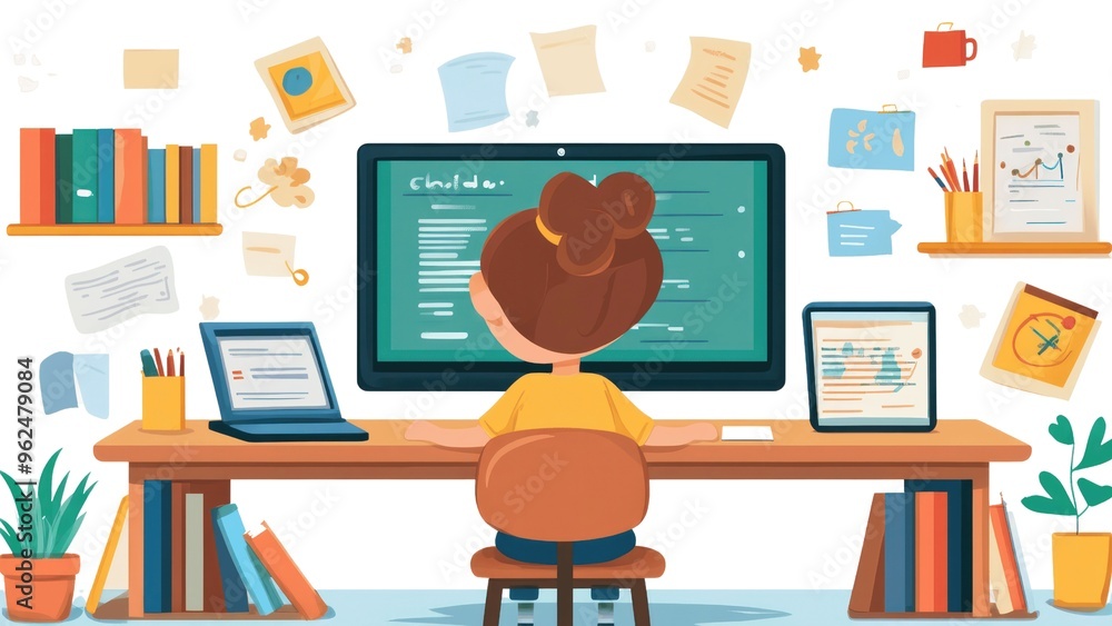Poster a girl is sitting at a desk with a computer monitor and a laptop