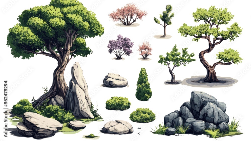 Poster A collection of trees and rocks, including a large tree and a small tree