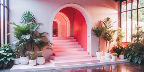Fototapeta premium Arch and stairs in trendy minimal interior with coral pastel colors background for product presentation banners, arch, stairs