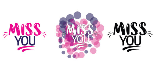 Miss you text in three different editable styles and colors, i miss you icons, i am missing you so much vector illustration