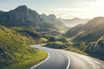 Naklejka premium Winding asphalt road through green mountains with a blue sky and bright clouds.