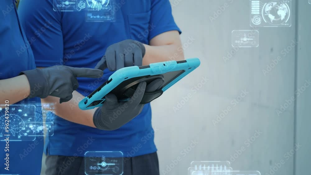 Poster mixed media of digital technology concept with engineer using tablet