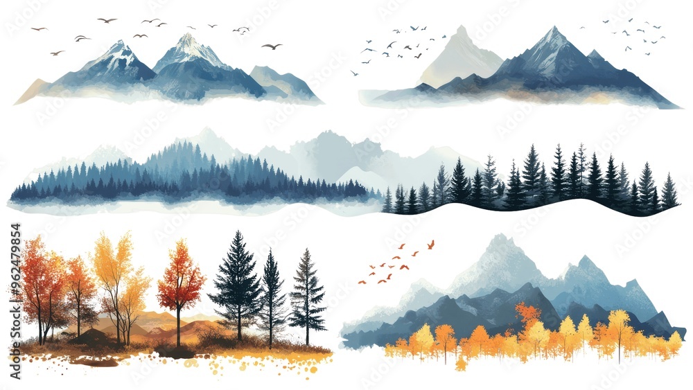 Poster a series of paintings of mountains and trees