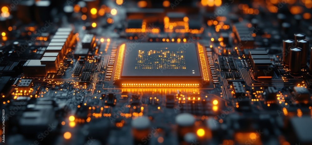 Aufkleber close-up of a computer motherboard with a glowing cpu in the center.