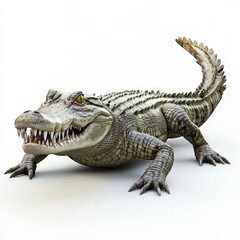Fototapeta premium A crocodile is shown with its mouth open, looking at the camera