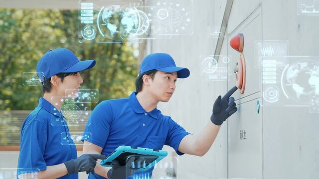 機械を点検する作業員とデジタルテクノロジー