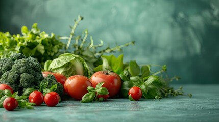 The template for designing with front angle on light green background. Fresh vegetables and fruits scattered placed on counter, empty space for product advertising and placement