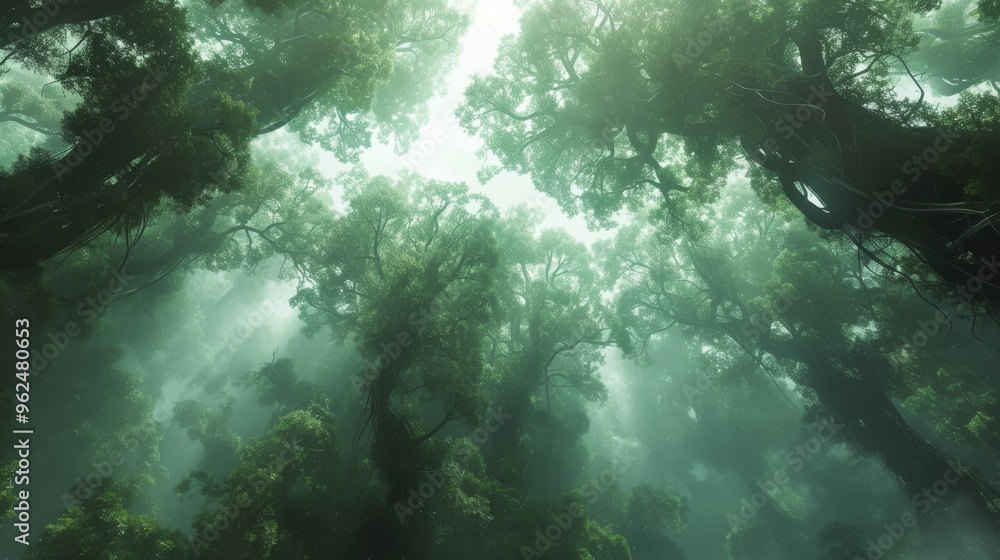 Poster A misty forest with sunlight filtering through the canopy, creating a dreamy and mystical scene. The lush green trees and gentle fog add to the enchanting atmosphere, making it perfect for projects