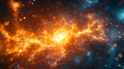 Fototapeta premium Abstract background with glowing nebula and sparkles in orange and blue colors.