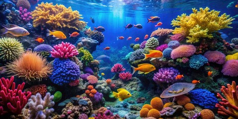 Coral reef exhibit in aquarium with colorful marine life swimming among the vibrant coral formations, coral reef