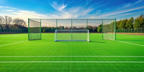 Grass field hockey pitch with goal posts, field, hockey, grass, pitch, sport, game, outdoor, arena, competition, team, sticks