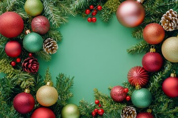 Holiday background with vibrant Christmas ornaments bauble with pine fir branches. New Year banner and poster for advertising.